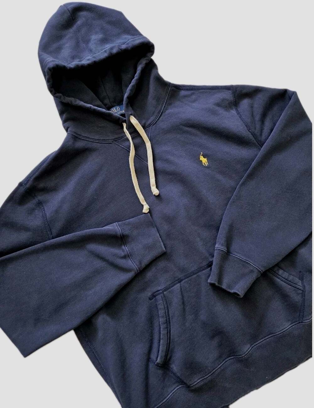 Polo Ralph Lauren Navy Blue French Terry Pullover Hoodie Yellow Pony Logo Size L